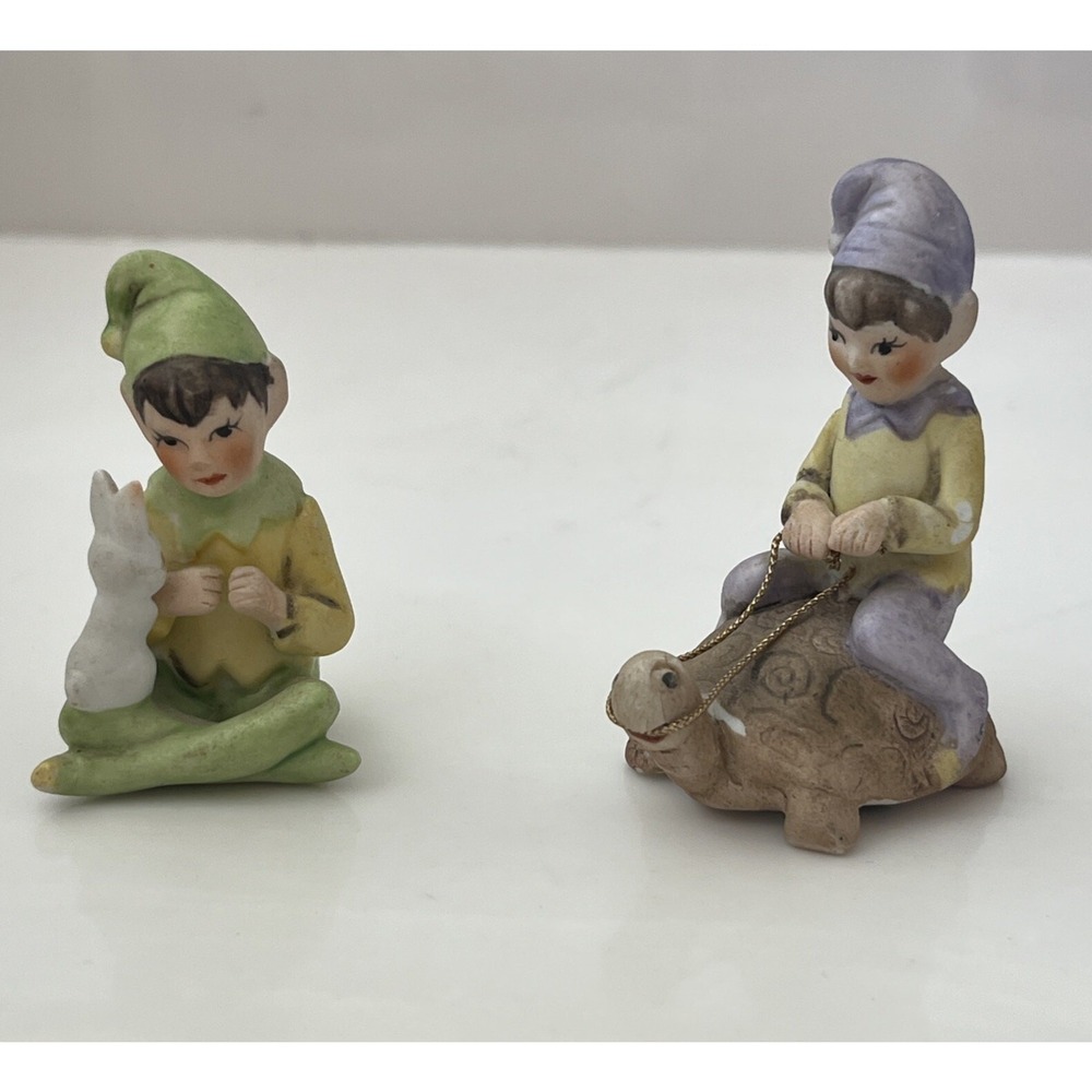 Josef Originals Vintage Pixie Elf Figurines Set – Elf on Turtle & Elf with Bunny